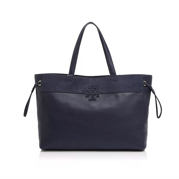 Tory Burch Handbags - Tory Burch Stacked-T Mixed Material Tote Black Suede Leather Tote Bag EUC